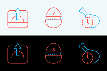 Set line Food time, Sunrise and Kitchen timer icon. Vector