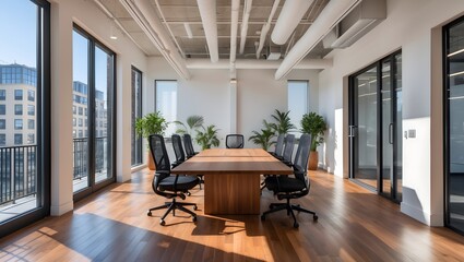 Fototapeta premium Interior of modern empty office building. Open ceiling design. Ai Generative.