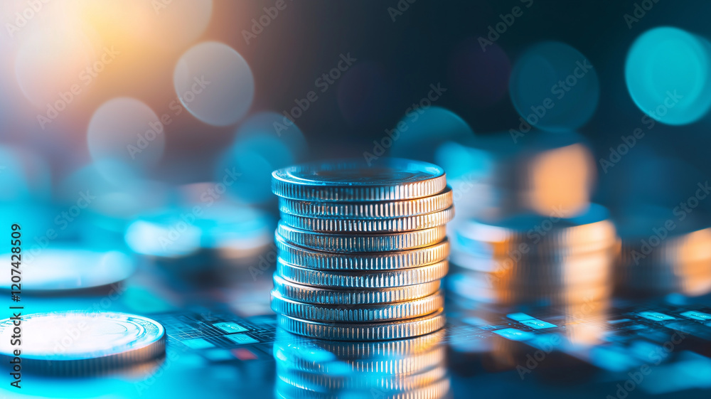 Aufkleber stack of coins is illuminated with soft lighting, creating geometric abstract effect with bokeh background. image conveys sense of financial growth and investment potential