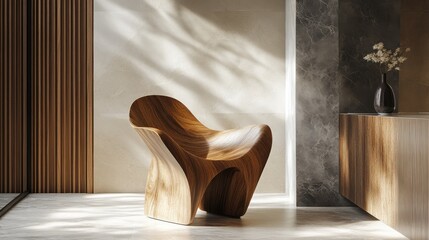 A wooden chair with a sculptural design, blending ergonomic functionality with a sleek and artistic form, placed in a modern interior