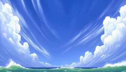 A vibrant blue sky with wispy clouds above rolling green waves creates a serene oceanic landscape.