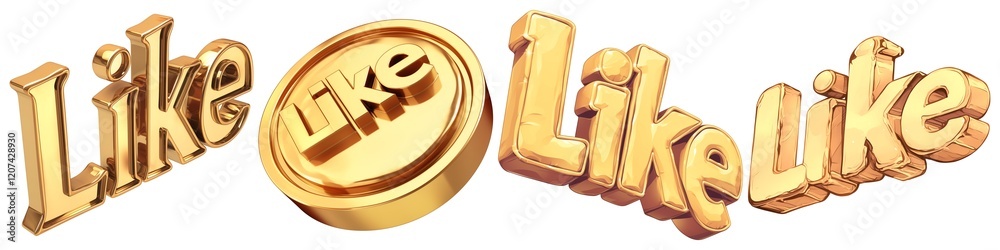 Poster polished gold like icon with shiny surface, featuring word like in bold, three dimensional style. de