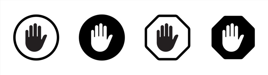 Black stop icon set. Stop sign with hand or palm flat icon for apps and websites. Vector illustration