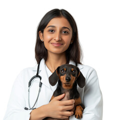Female Indian veterinarian holding dachshund dog isolated on transparent background