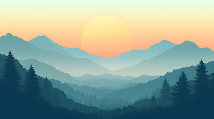Fototapeta premium Serene Mountain Landscape with Sunrise and Layers of Misty Hills