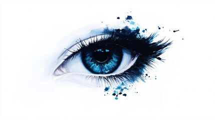 realistic blue eye surrounded by expressive ink splashes and abstract brush strokes creating a dynamic modern illustration  
