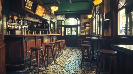 Classic Pub Interior with Wooden Bar and Stools
