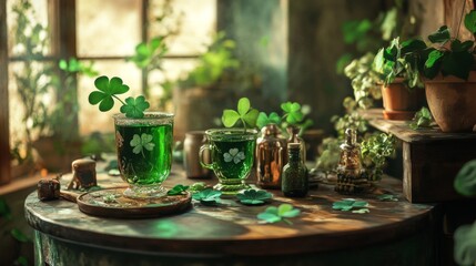 Enchanted Green Drink with Clovers on Rustic Table
