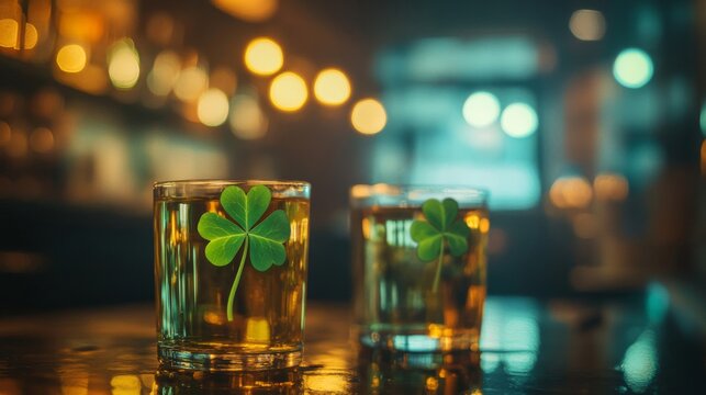 Two Glasses of Whiskey with Shamrocks on Bar