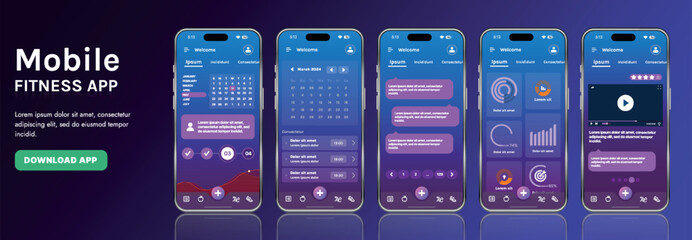 A sleek fitness app interface template featuring responsive design elements, including dashboards, charts, and statistics. Perfect for tracking health, weekly progress, and sports activities