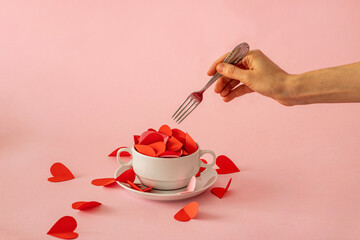 Paper hearts in a bowl, valentines day concept. Creative concept.
