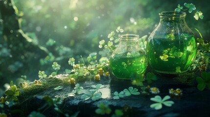 Enchanted Forest with Glowing Green Jars and Clover