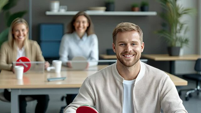 Colleagues enjoy a lively ping pong match in a contemporary workspace, fostering teamwork and camaraderie during their break