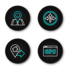 Set line Gps device with map, Location house, Road traffic sign and icon. Vector