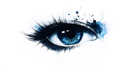 A stunning blue eye in watercolor style with abstract splashes of paint creating a blend of realism and artistic expression  
