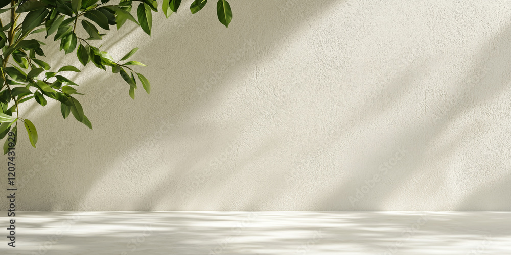 Poster minimal background with subtle textures and soft shadows from green leaves creates serene and natural atmosphere
