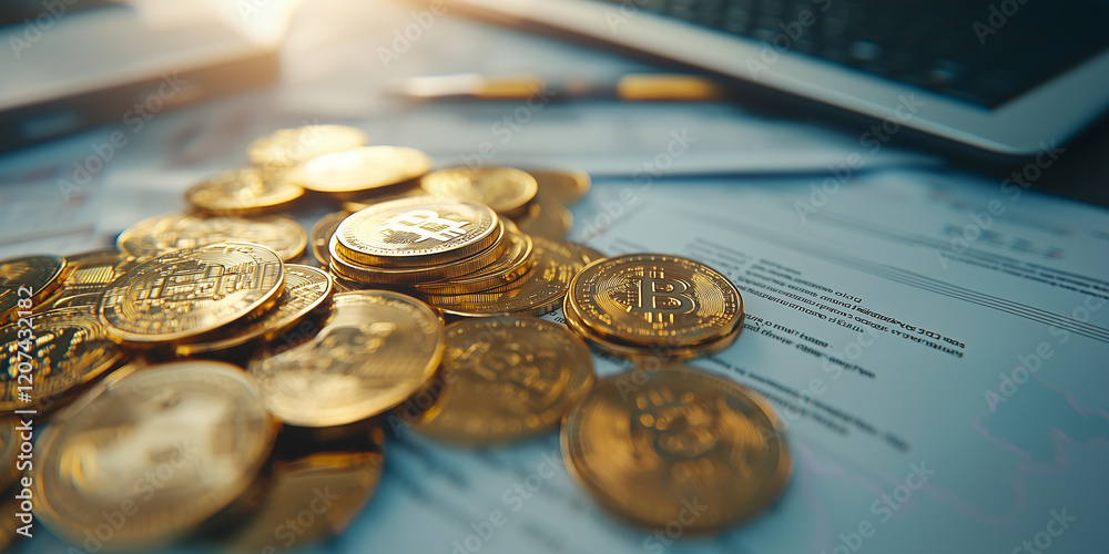 Poster pile of gold coins with cryptocurrency symbols is scattered on financial documents, illuminated by s