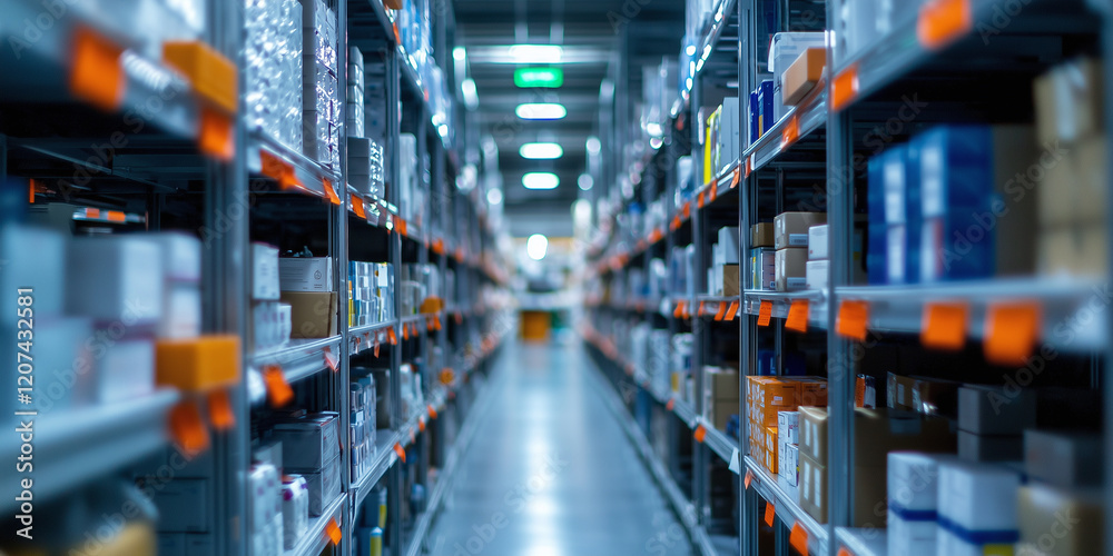 Poster well organized warehouse aisle with shelves stocked with various products, illuminated by bright lig