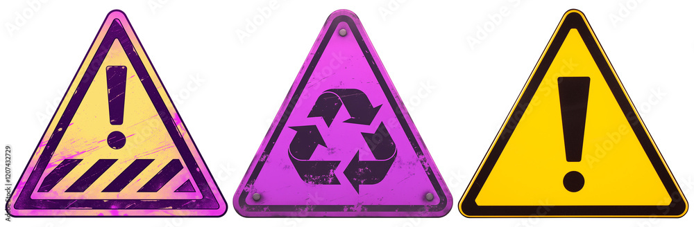 Poster triangular warning signs with exclamation marks and recycling symbol, featuring holographic effect a