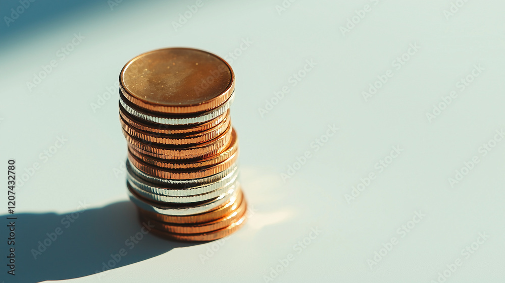 Aufkleber simple and modern depiction of stack of coins with soft shadow on light surface, highlighting metallic texture and warm tones