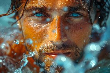 Adult man surfing on a wave in the ocean Generative AI