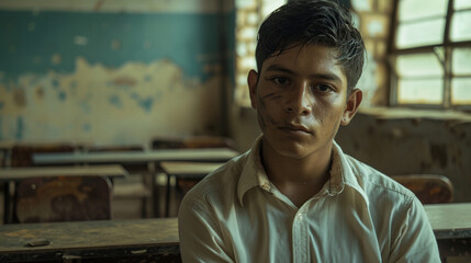 Fototapeta premium A Nicaraguan student, his uniform dirtied from walking far to school, listens intently in a classroom with cracked walls and broken desks, determined to succeed despite the lack of resources.