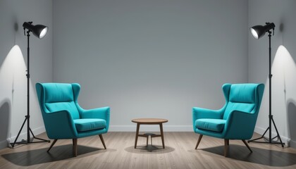 A stylish setup of two vibrant turquoise armchairs facing a simple wooden table, illuminated by floor lamps, perfect for modern interior design inspiration.