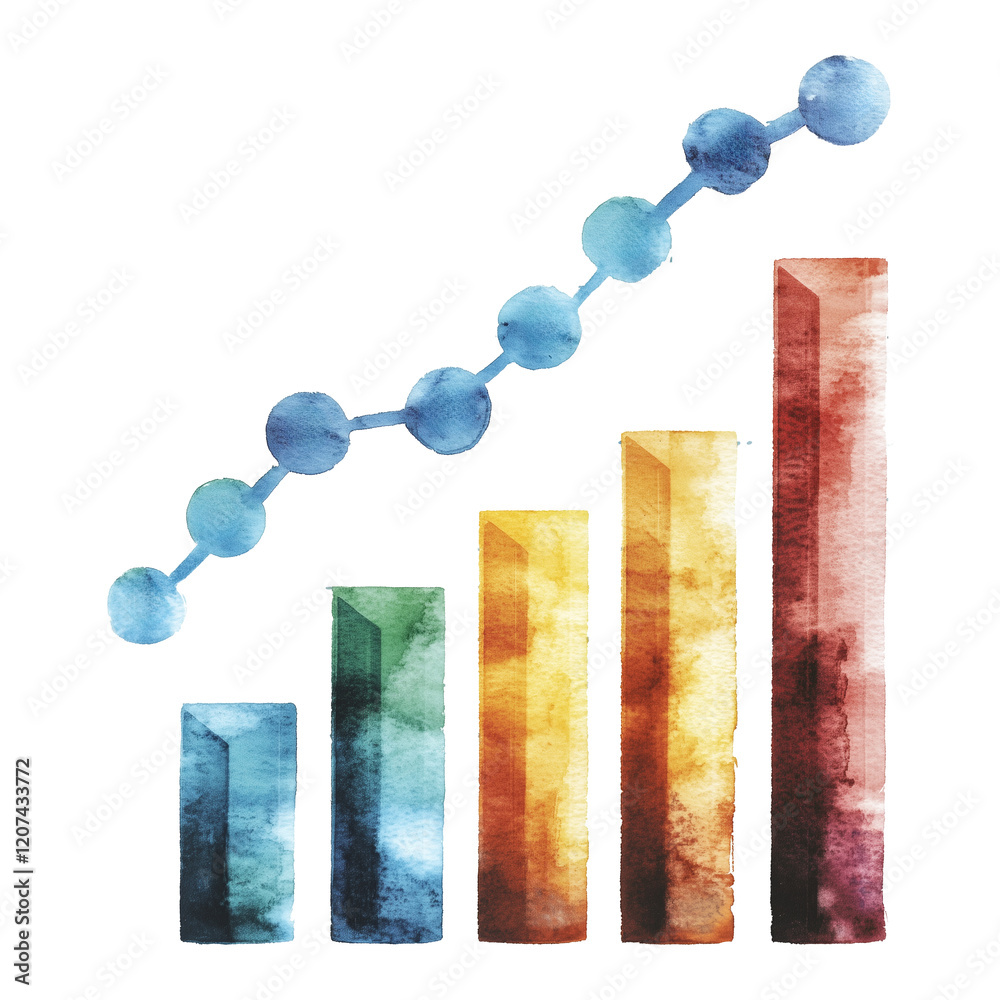 Poster watercolor illustration of data analytics bar graph with line chart overlay, featuring vibrant colors and creative design