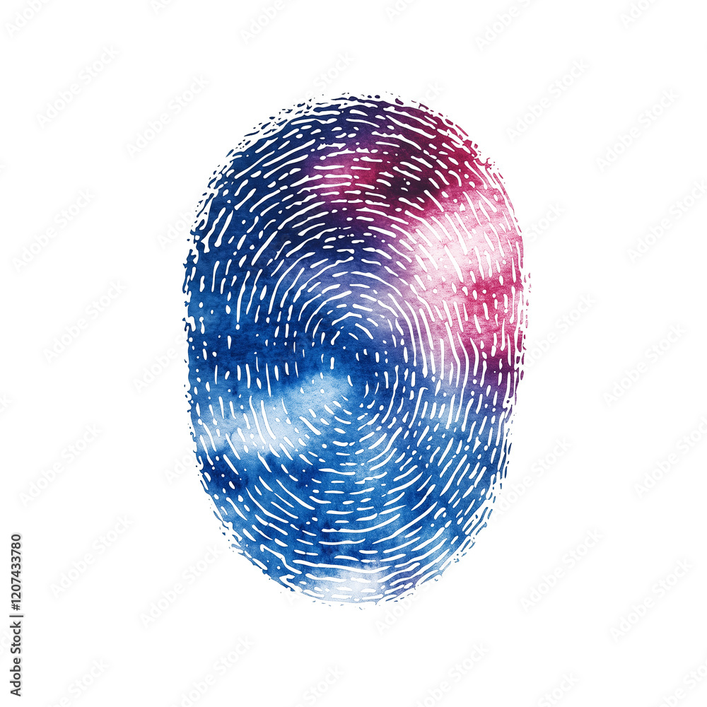 Poster Watercolor fingerprint scanner icon with blend of blue and pink hues, isolated on transparency background. artistic design combines technology with creativity, showcasing unique pattern