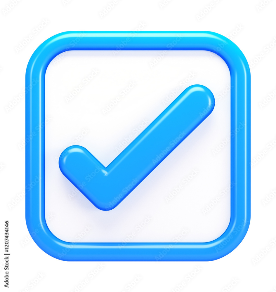Poster blue check mark with subtle gradient effect is isolated on transparency background, symbolizing approval or confirmation. design is simple and modern, with 3D appearance