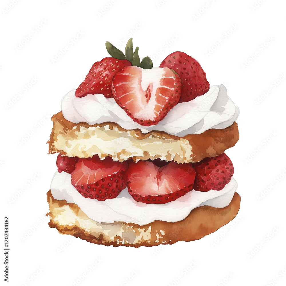 Poster watercolor illustration of strawberry shortcake with layers of cream and fresh strawberries, isolate