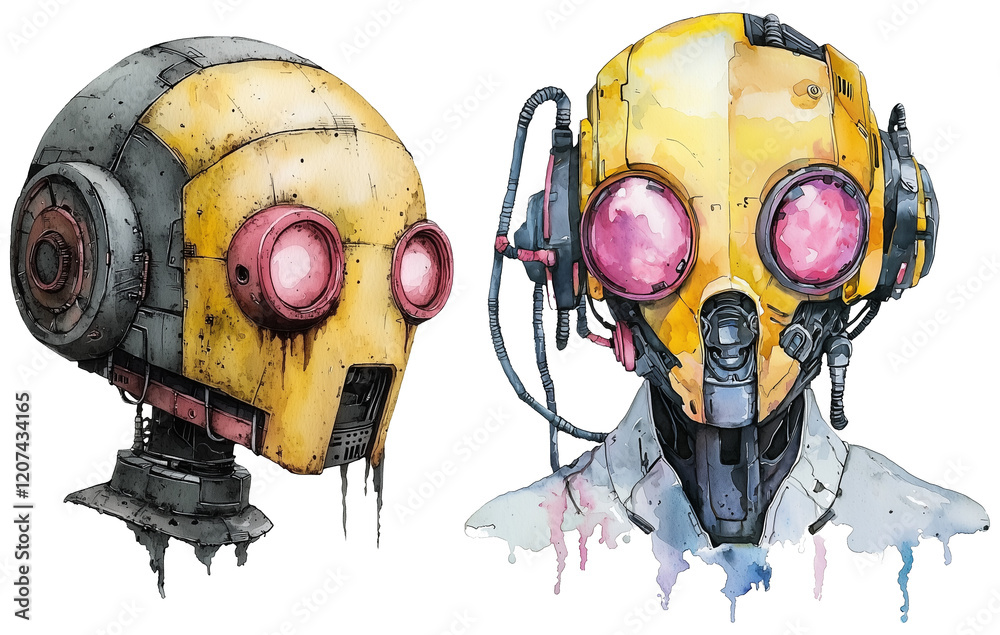 Poster two watercolor robot faces with yellow and pink colors, featuring intricate designs and expressive d