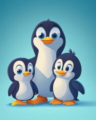 Obraz premium Happy Penguin Family Cartoon Illustration Cute Birds Winter Animals Adorable Characters