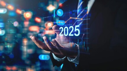 Businessman's hand holding a growth graph and a target with glowing text "2025" on a virtual screen, symbolizing strategic business planning for the new year within the corporate business concept. Amp