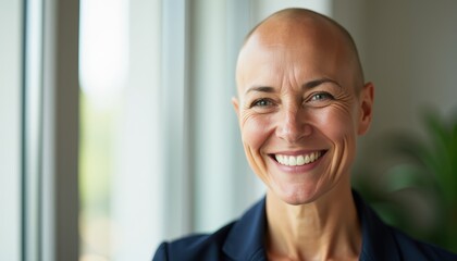 Radiant Bald Woman in Blue Shirt Staring Out Blurred Window