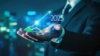 Businessman's hand holding a growth graph and a target with glowing text "2025" on a virtual screen, symbolizing strategic business planning for the new year within the corporate business concept. Amp