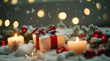 Festive Christmas background featuring a gift box, candles, and decorations on snow with ample copy space. Perfect for Christmas card design with a red ribbon bow, twinkling garland of lights, bokeh l