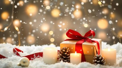 Festive Christmas background featuring a gift box, candles, and decorations on snow with ample copy space. Perfect for Christmas card design with a red ribbon bow, twinkling garland of lights, bokeh l