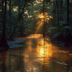 Obraz premium Golden sunset reflecting on jungle river.