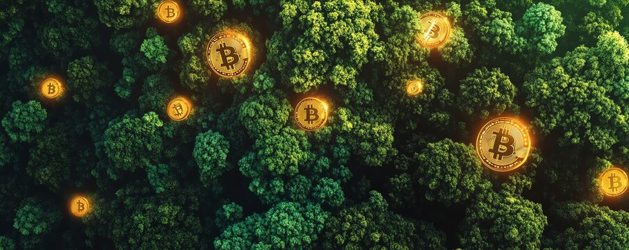 Bitcoin cryptocurrency symbols glowing amidst lush green foliage.  Concept of eco-friendly crypto mining or sustainable finance.