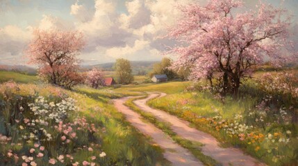Serene Spring Landscape with Blossoming Trees and Winding Path