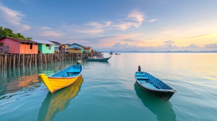 Obraz premium Vibrant Coastal Scene at Sunrise with Colorful Floating Houses and Fishing Boats on Calm Water Under a Beautiful Sky in a Serene Fishing Village Landscape