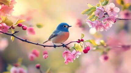 Obraz premium Blue Bird Perched on Pink Blossoms in Springtime