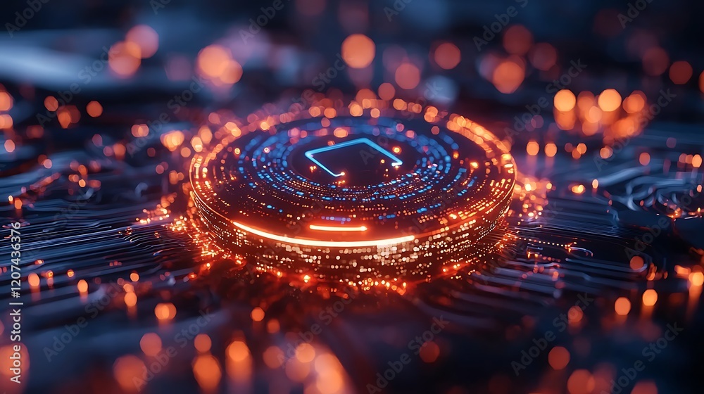 Poster glowing circular tech core with integrated circuitry