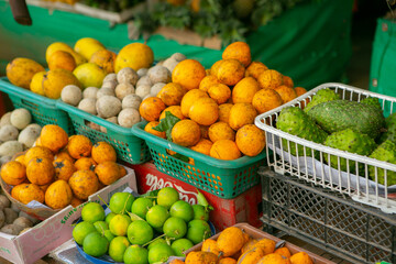 Fruits and vegetables at a local market in Sri lanka. Tropical or exotic fruits on the street in Asia.