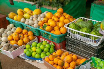 Fruits and vegetables at a local market in Sri lanka. Tropical or exotic fruits on the street in Asia.