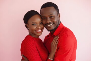 Obraz premium African American Couple Hugging and Smiling in Red Color Outfit for Happy Valentine's Day Photo.Fictional Character Created By Generative AI