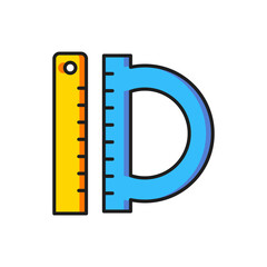 Color Protractor grid for measuring degrees icon isolated on white background. Tilt angle meter. Measuring tool. Geometric symbol. Flat filled outline style with shadow. Vector