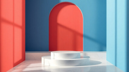a photography studio podium for beauty products on a soft red and blue background