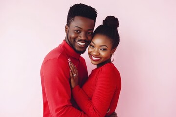Obraz premium African American Couple Hugging and Smiling in Red Color Outfit for Happy Valentine's Day Photo.Fictional Character Created By Generative AI